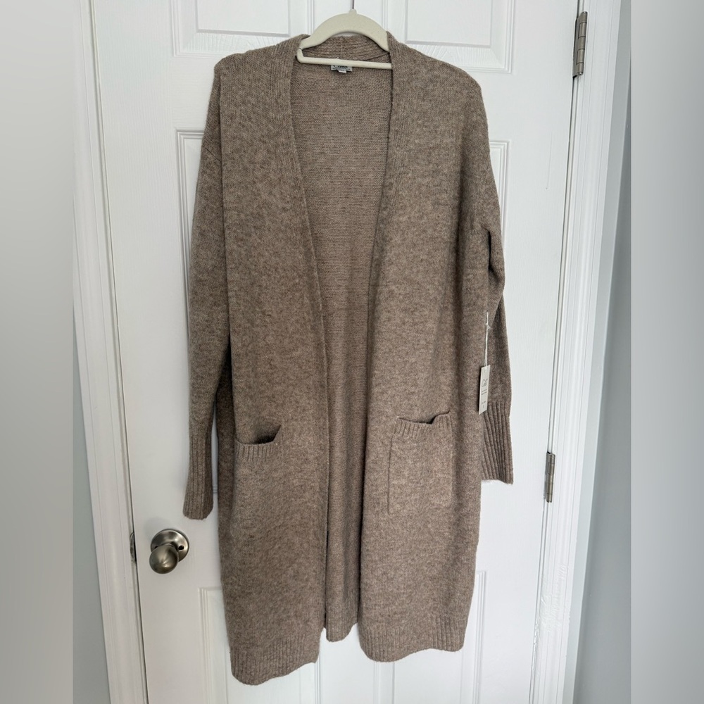 Cielo Long Open-Front Taupe Cardigan with Pockets